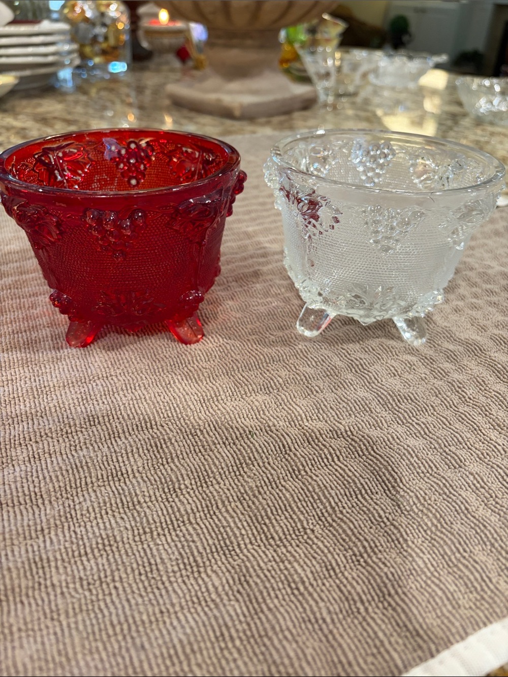 Vintage Jeannette Glass Harvest Grape Footed Candy Dishes - Red & Clear - No Lid